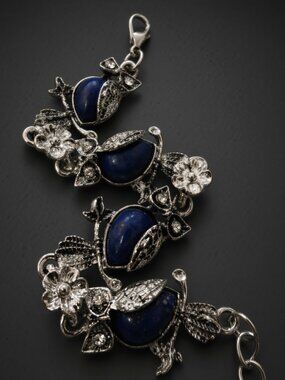 Silver Tone Rhinestone Owl Bracelet with Dangle Earrings Set Blue Heavy